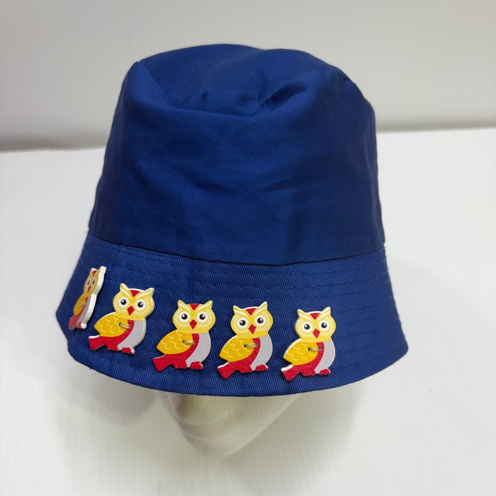 Blue Bucket Hat with Owl Button Accents Women Whimsical Sun Hat Royal Blue